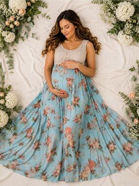 PinkBlush Maternity Floral Lace Maxi Dress – Blue Floral Sleeveless Boho